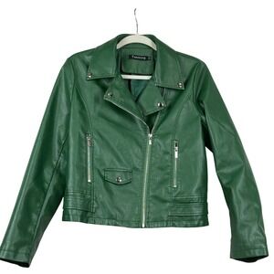 Tanming Womens Green Faux Leather Moto‎ Jacket Size M Zip Up Motorcycle Biker
